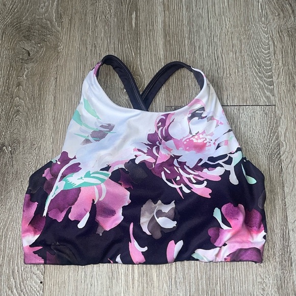 Athleta Floral Printed Blossom High Neck Sports Yoga Bra Spring Night Medium - Picture 1 of 4